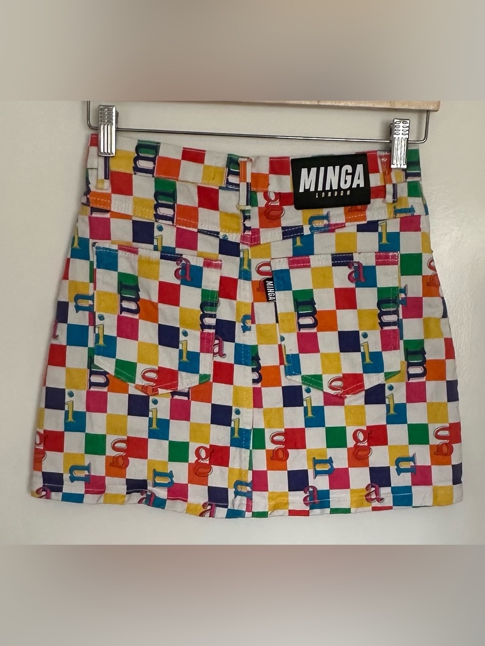 Minga London Women’s Rainbow Check Mini Skirt Size 2 USA Button Front Multicolor - Picture 9 of 9